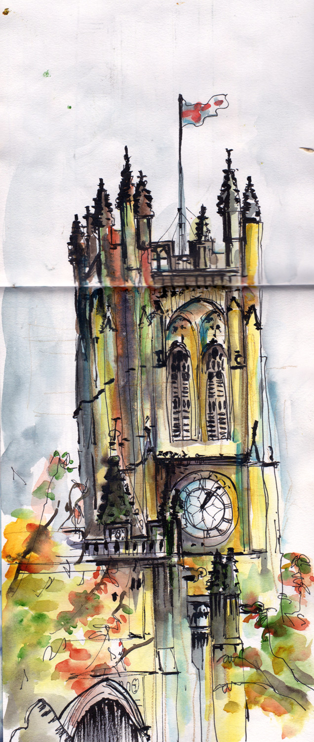 Manchester Cathedral in pen and watercolour by Sophie Peanut