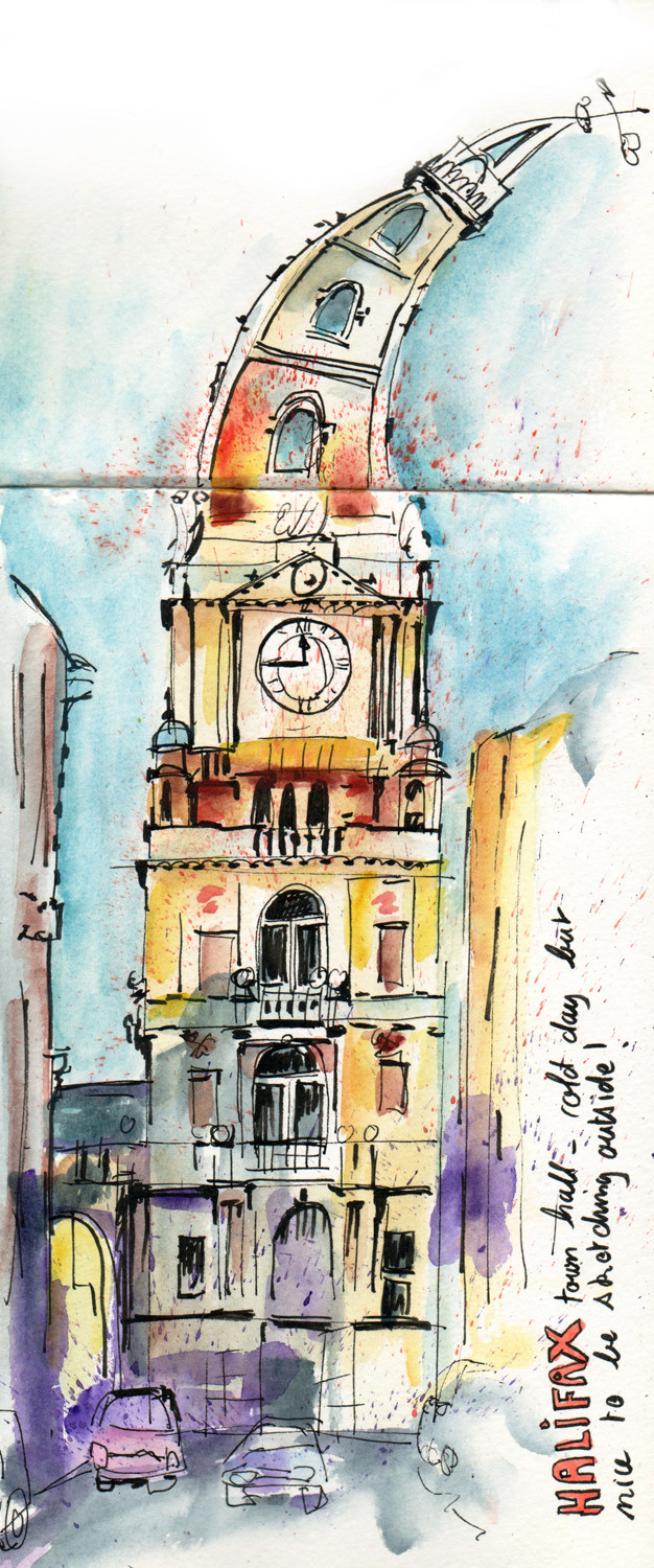 Sketch in pen and watercolour - Halifax Town Hall Uk - By Sophie Peanut