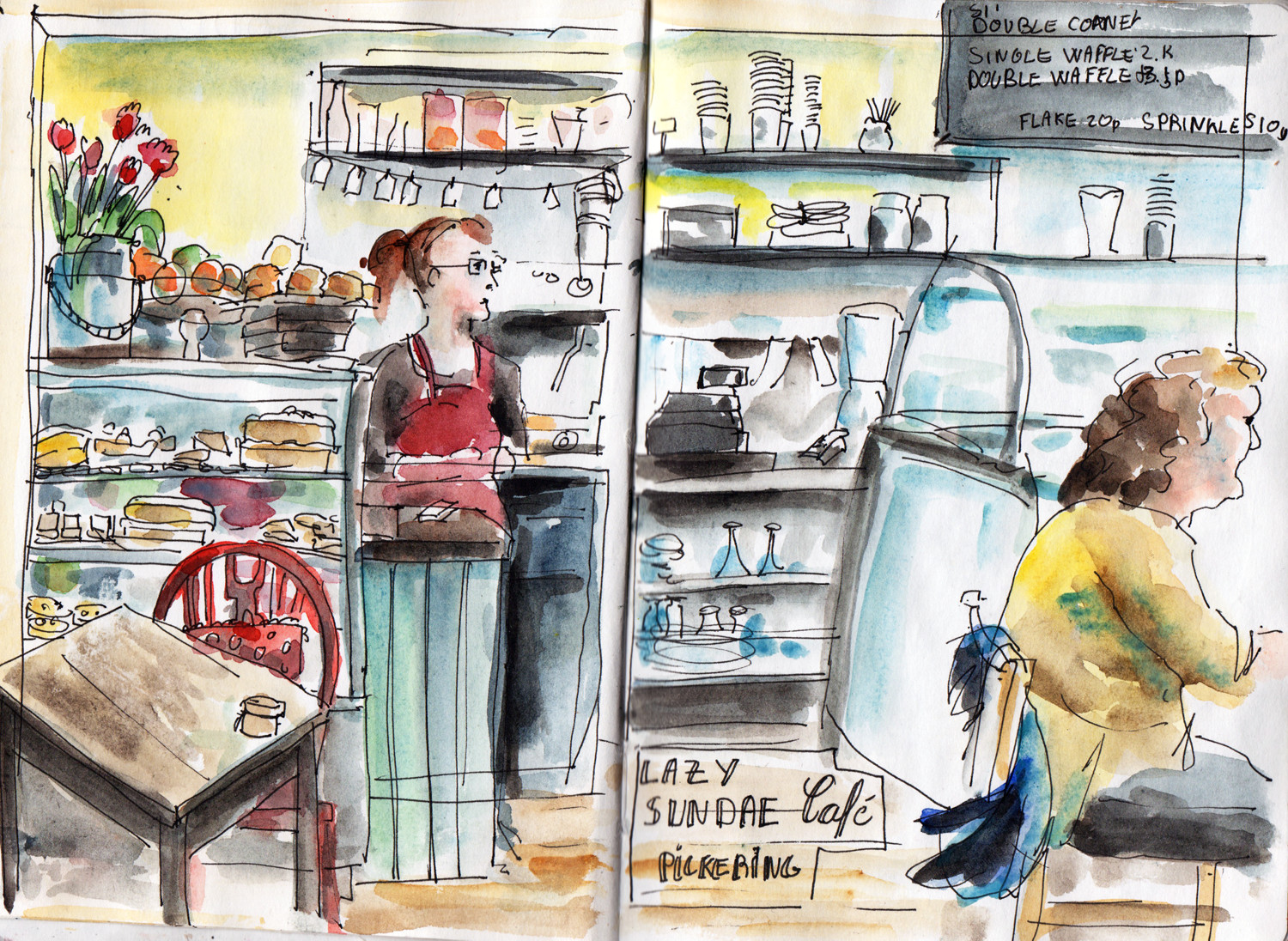 Lazy Sunday Cafe - Sketch in pen and watercolour by Sophie Peanut