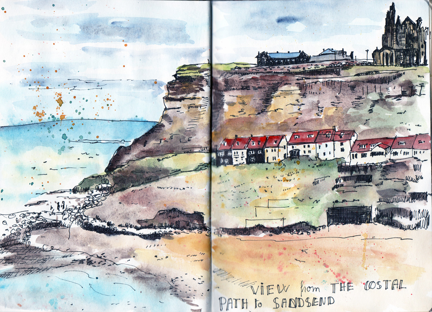 Whitby - Looking towards the Abbey - Pen and Watercolour sketch by Sophie Peanut