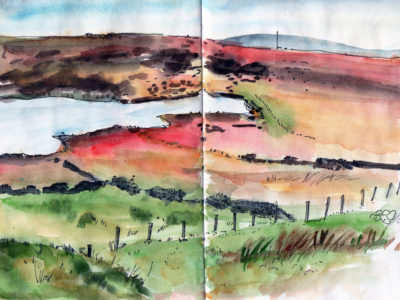 Warley Moor reservoir Halifax. Landscape sketch in pen and watercolour by Sophie Peanut