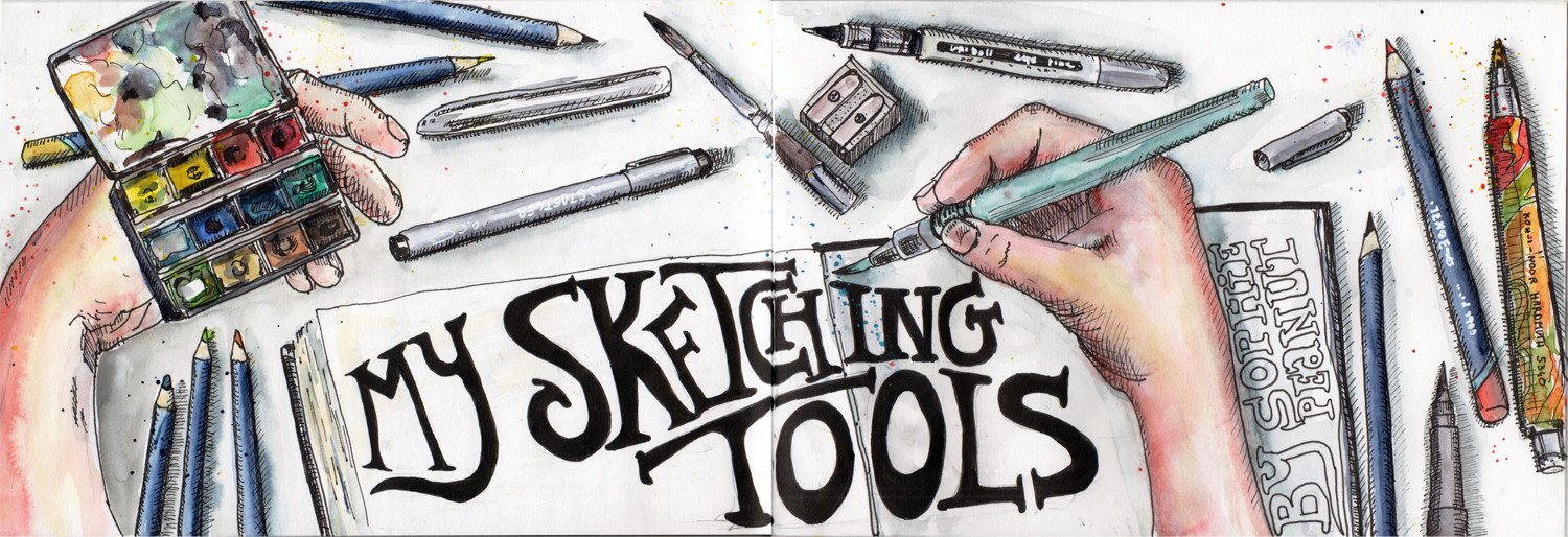 My Urban Sketching Tools - Pen and Watercolour Drawing by Sophie Peanut