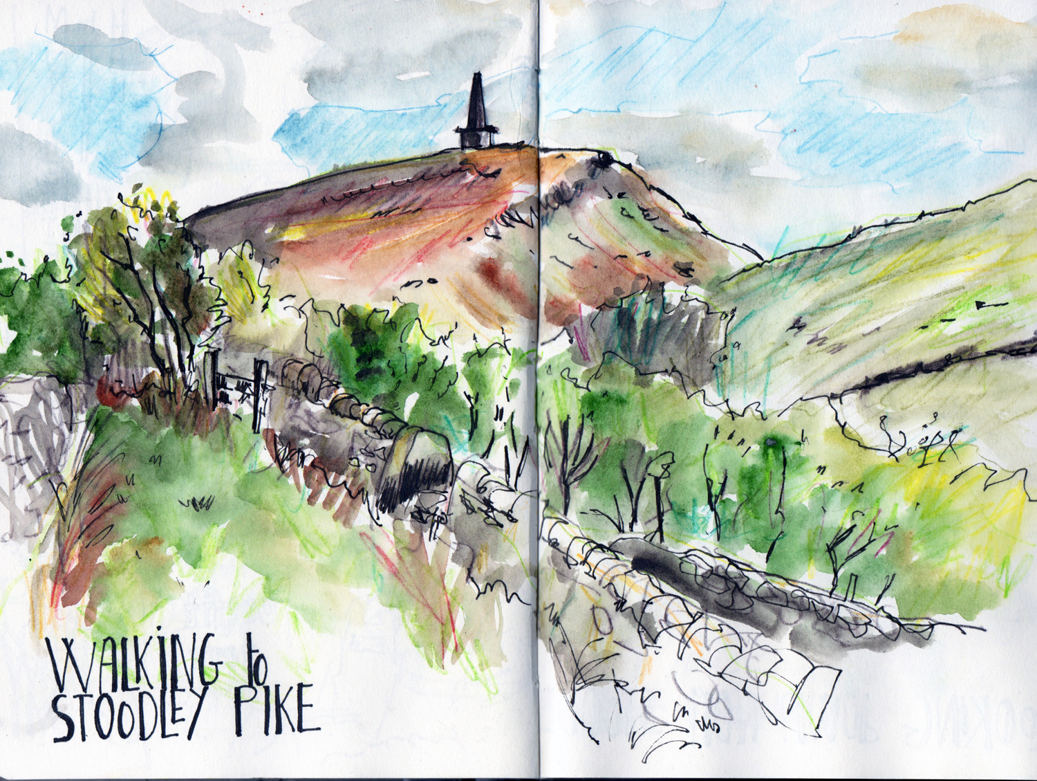 Stooldley Pike Sketch in pen, pencil and watercolour by Sophie Peanut