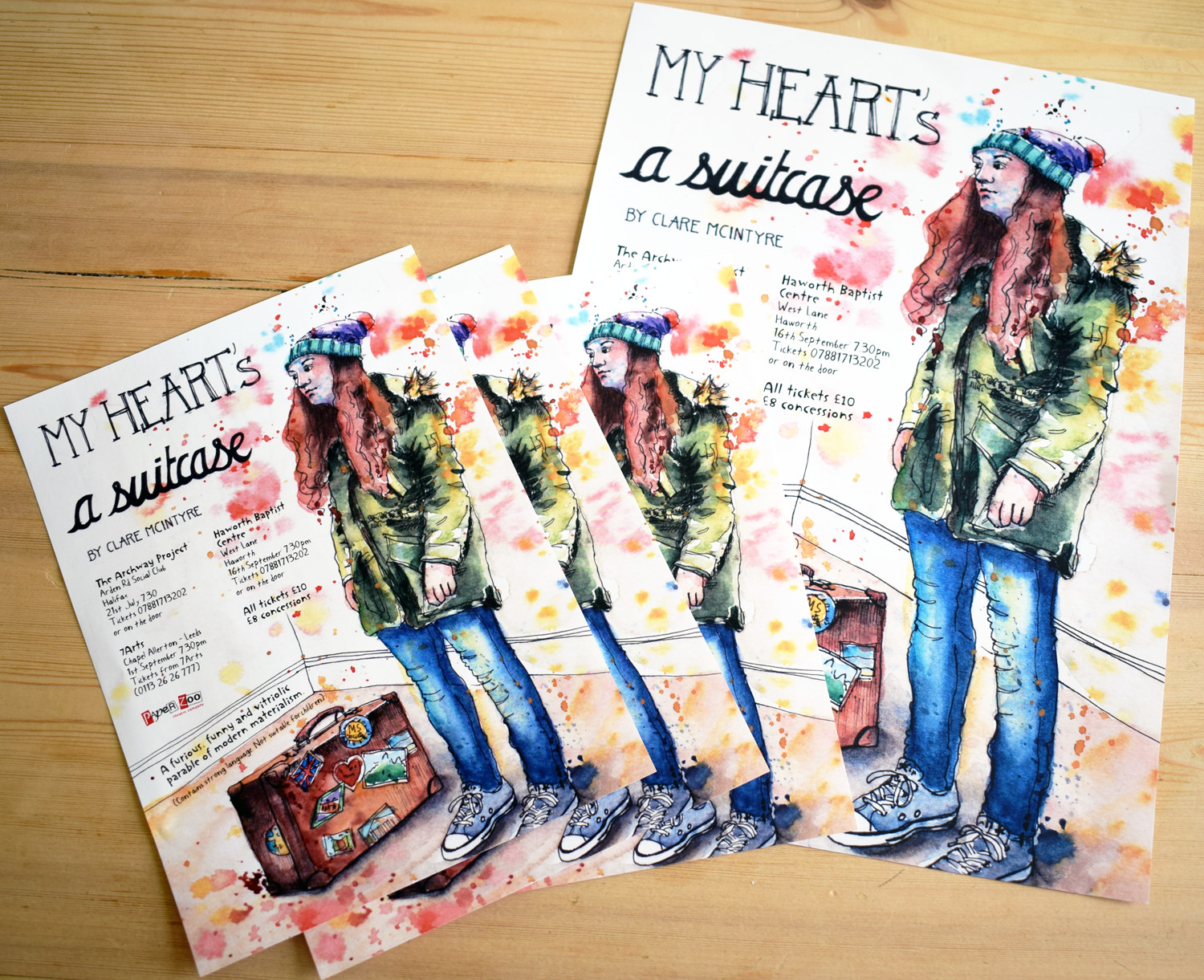 Theatre poster illustrations by Sophie Peanut. Leaflets and posters for My Heart's a suitcase by Clare McIntyre