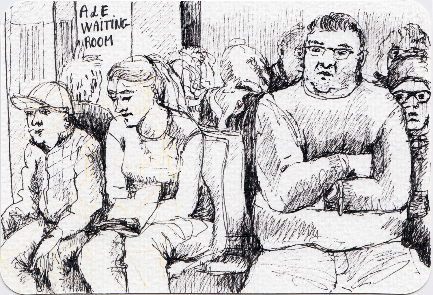 Packed A & E waiting room - sketch by Sophie Peanut