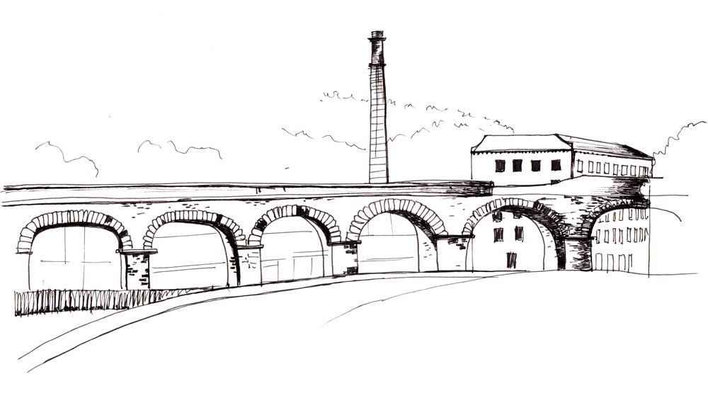 Ink Drawing of Railway Bridge by Nestle Factory - Halifax by Sophie Peanut