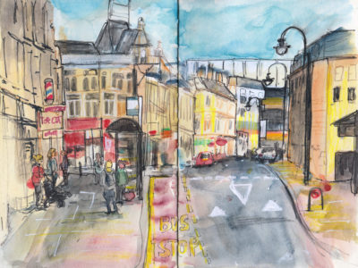 Market Street Halifax UK - Using different Urban Sketching Techniques by Sophie Peanut