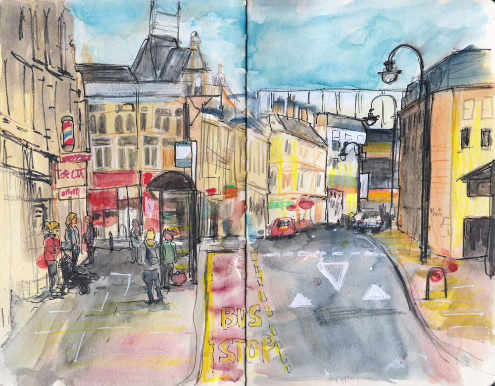 Market Street Halifax UK - Using different Urban Sketching Techniques by Sophie Peanut