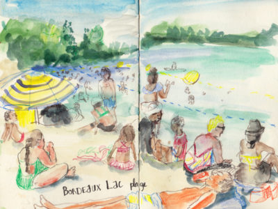 Busy Lakeside Scene in pen, Pencil and Watercolour by Sophie Peanut