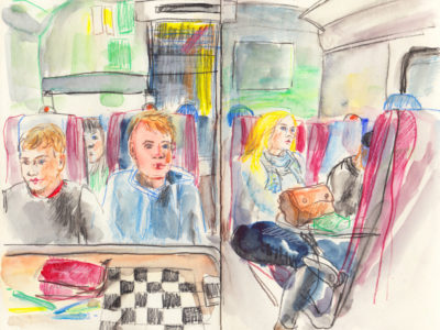 Train Sketch by Sophie Peanut - Mixed media urban sketching techniques