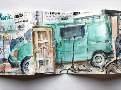 Sam mechanic at work watercolour and watercolour pencil drawings by Sophie Peanut